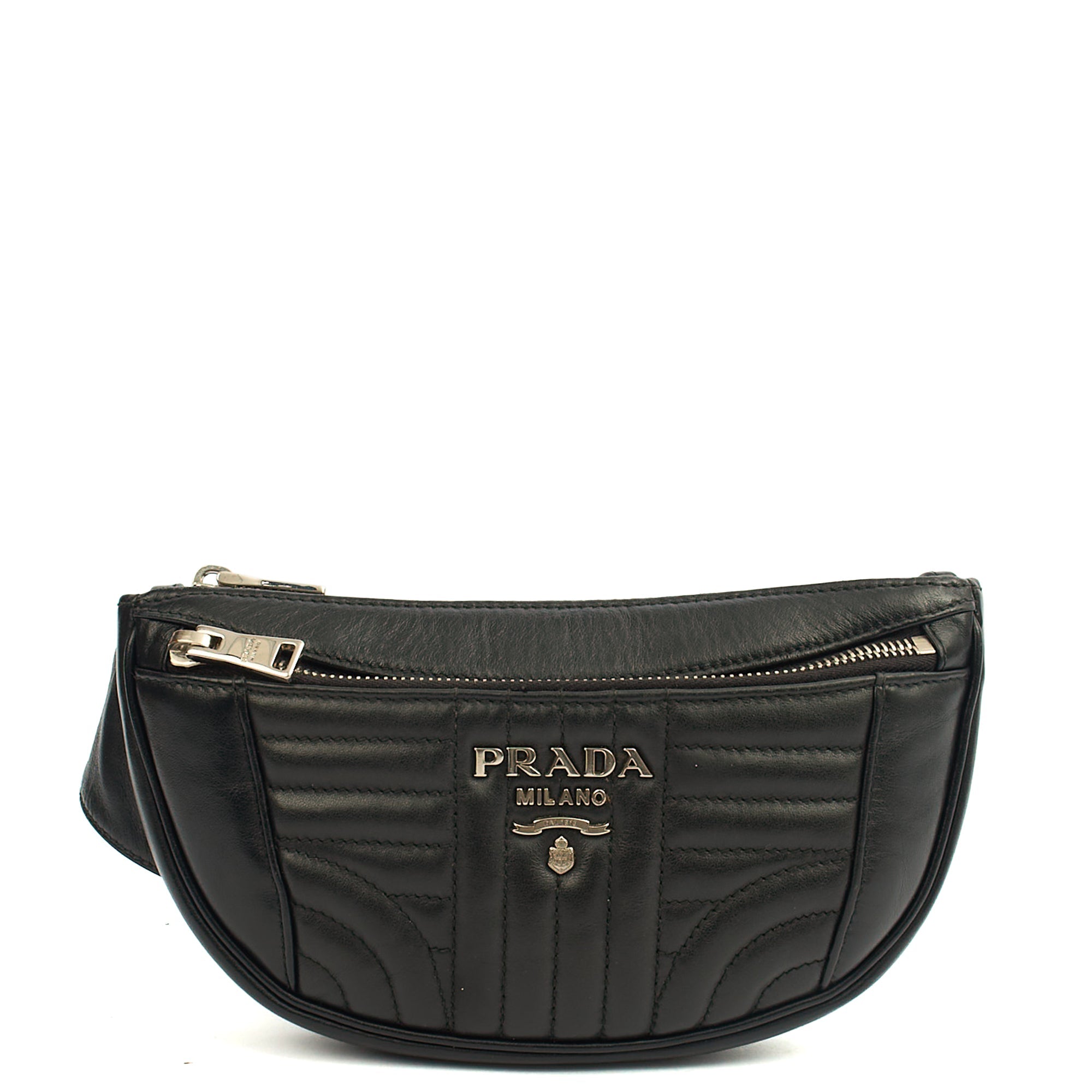 Prada Cross Body Belt Bag in Black, Leather — Front View