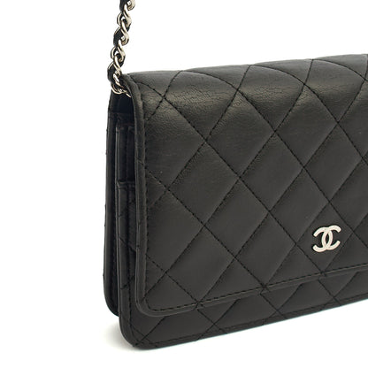 Chanel Cross Body Wallet on Chain in Black, Lambskin Leather — Detail View