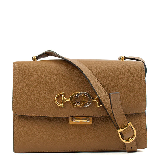 Gucci Cross Body Zumi Shoulder Bag in Brown, Leather — Front View