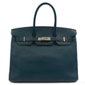 Hermes Top Handle Birkin 35 in Bleu De Prussee, Togo Leather — Front View