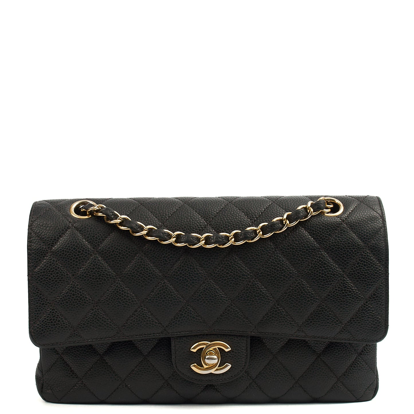 Chanel Shoulder Bag Classic Double Flap - Medium in Black, Caviar Leather — Front View