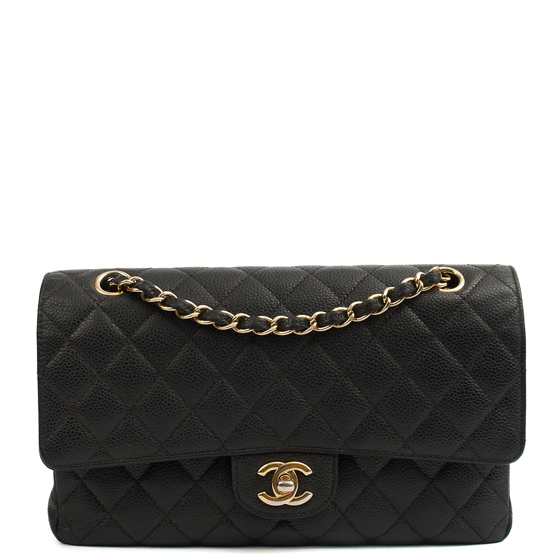 Chanel Shoulder Bag Classic Double Flap - Medium in Black, Caviar Leather — Front View