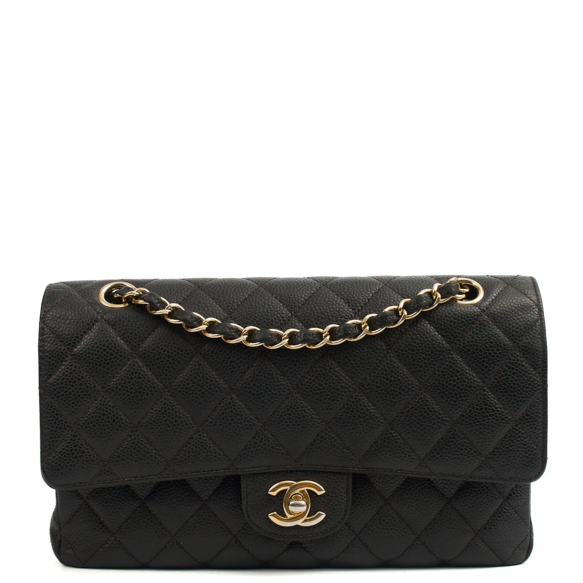 Chanel Shoulder Bag Classic Double Flap - Medium in Black, Caviar Leather — Front View