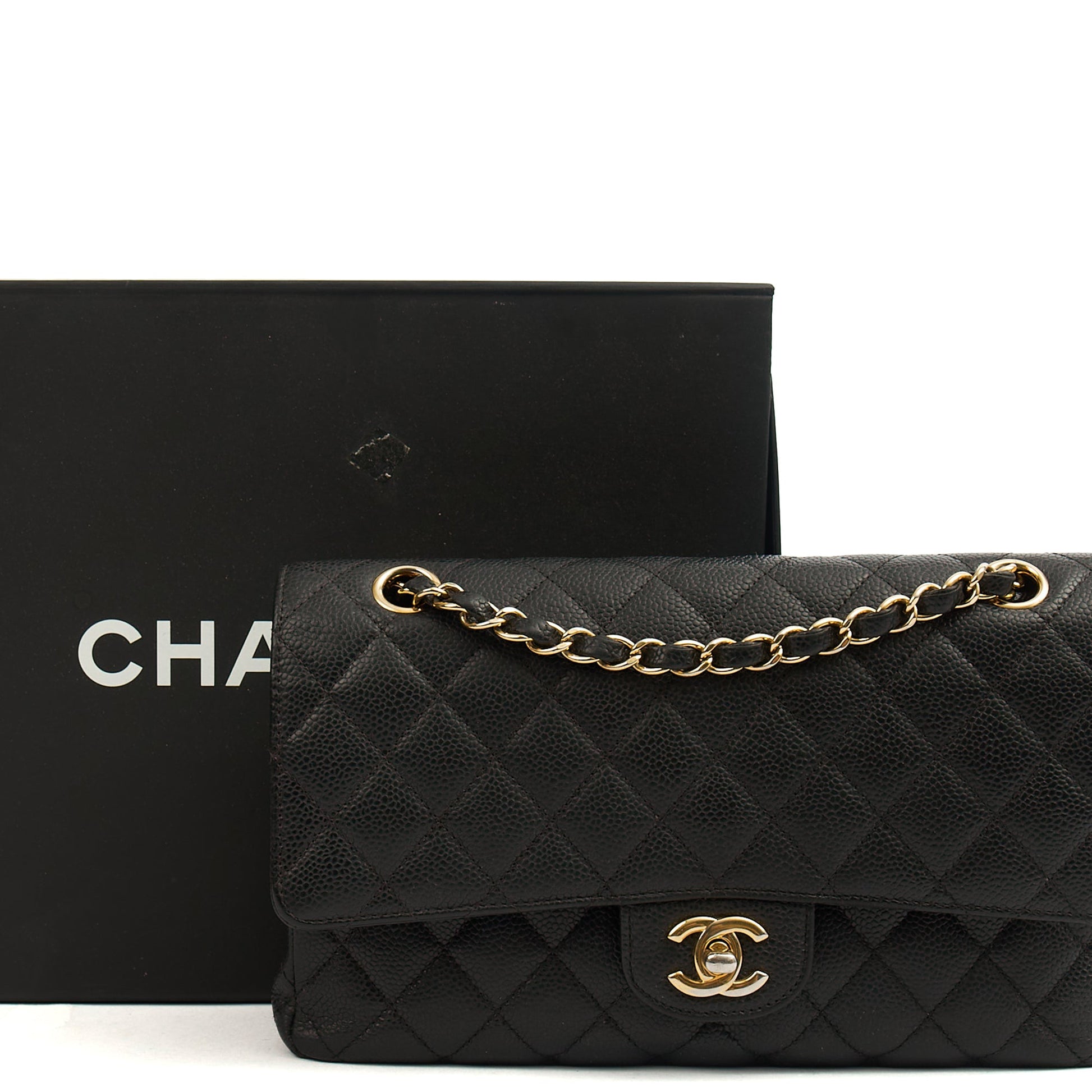 Chanel Shoulder Bag Classic Double Flap - Medium in Black, Caviar Leather — Side View
