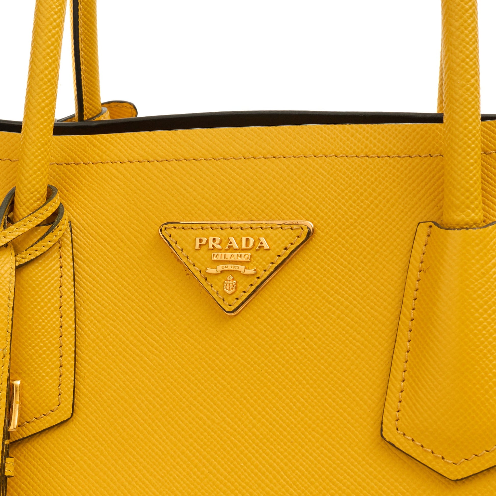 Prada Tote Cuir Double Bag in Yellow, Saffiano Leather — Side View