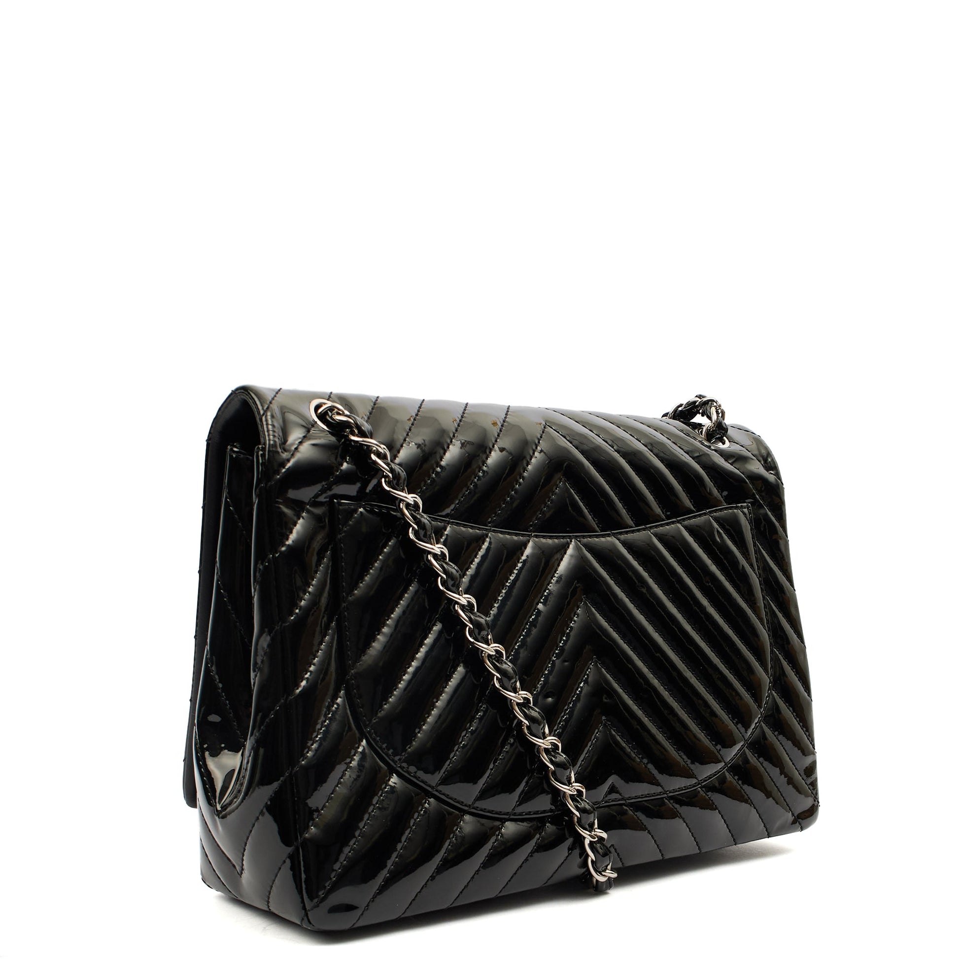 Chanel Shoulder Bag Chevron Flap Bag  in Black, Patent Leather — Side View