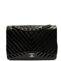 Chanel Shoulder Bag Chevron Flap Bag  in Black, Patent Leather — Front View