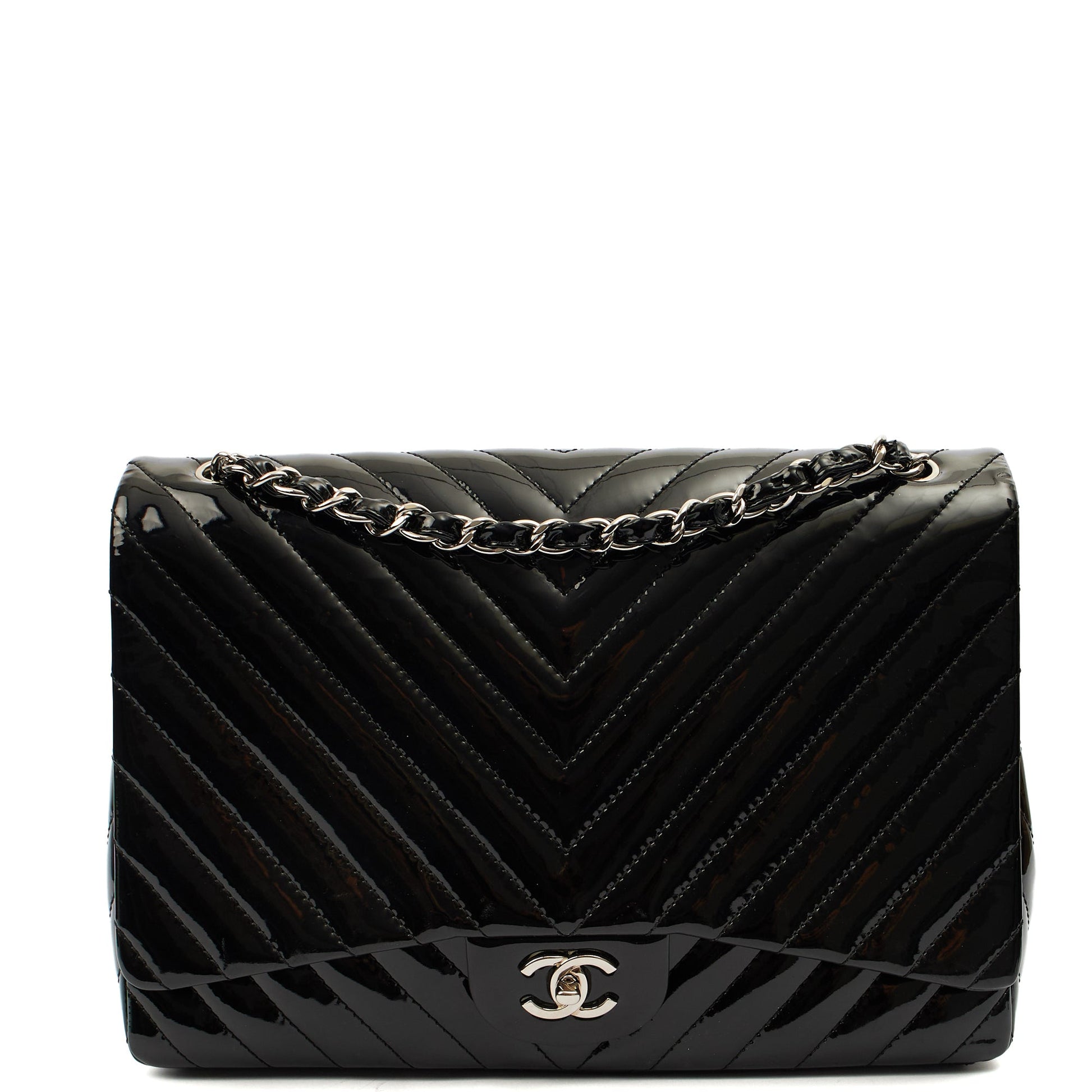 Chanel Shoulder Bag Chevron Flap Bag  in Black, Patent Leather — Front View