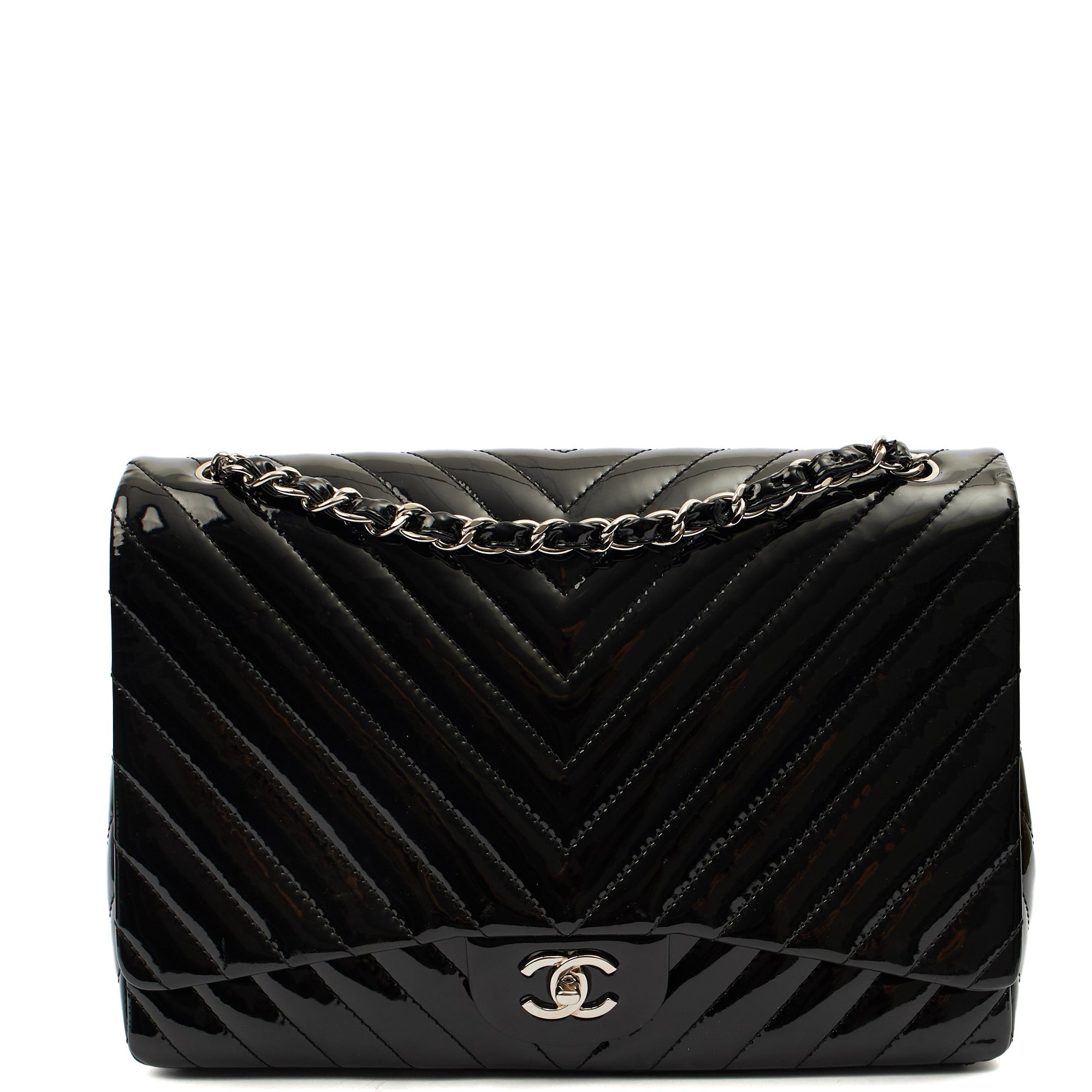 Chanel Shoulder Bag Chevron Flap Bag  in Black, Patent Leather — Front View