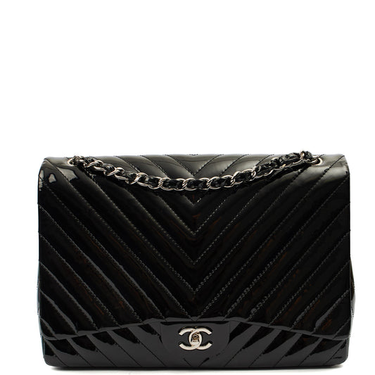 Chanel Shoulder Bag Chevron Flap Bag  in Black, Patent Leather — Front View