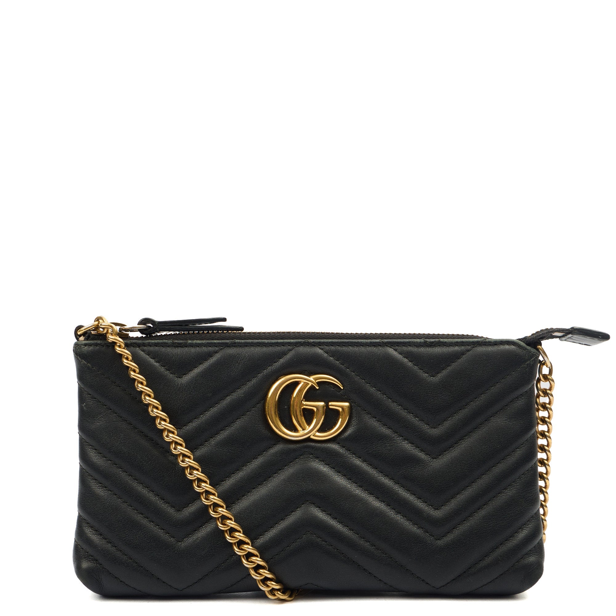Gucci Cross Body Marmont Mini Chain Bag in Black, Leather — Front View