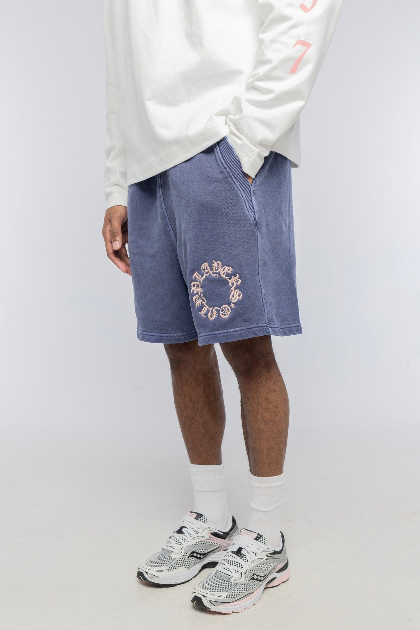 PLAYERS ONLY WASHED NAVY EMBROIDERED SHORTS — Small — Side View
