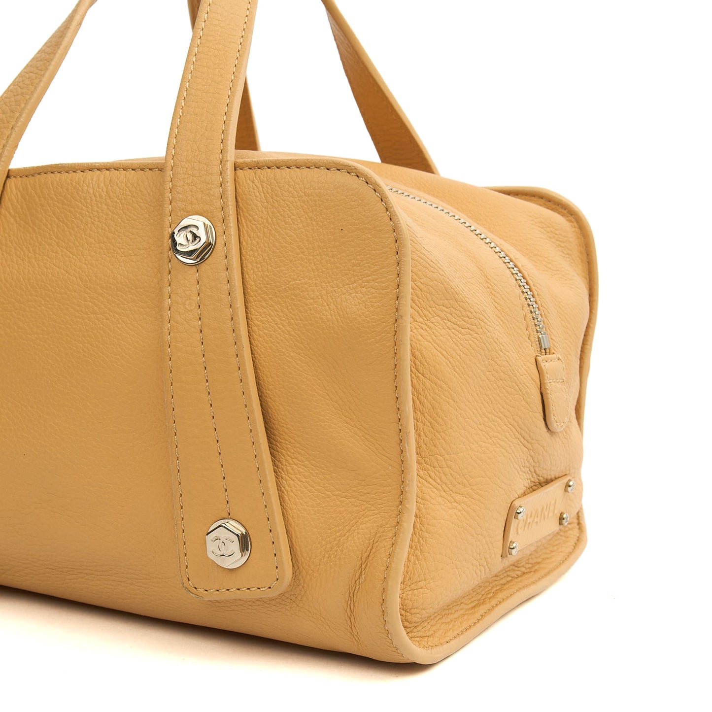 Chanel Top Handle Bowler in Cream, Calfskin Leather — Detail View