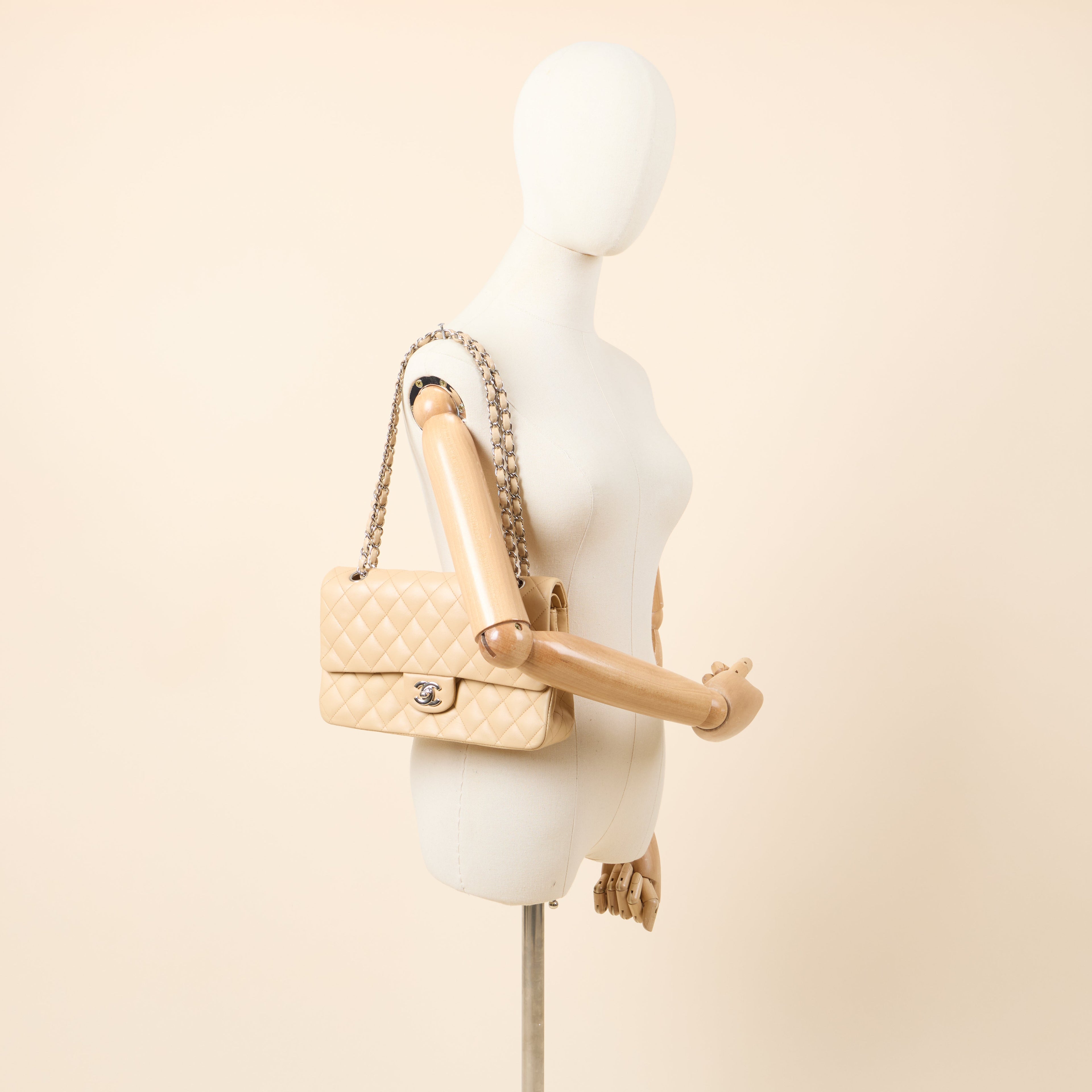 Chanel Shoulder Bag Classic Double Flap - Medium in Neutral, Lambskin Leather — Side View