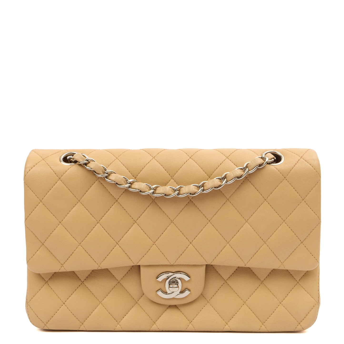 Chanel Shoulder Bag Classic Double Flap - Medium in Neutral, Lambskin Leather — Front View