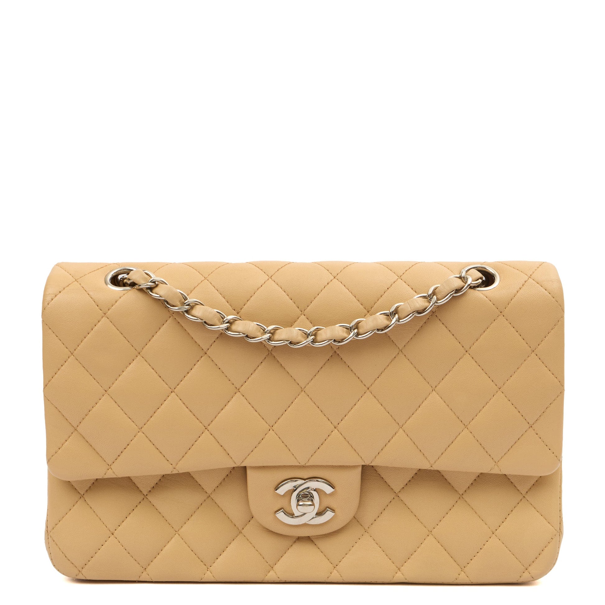 Chanel Shoulder Bag Classic Double Flap - Medium in Neutral, Lambskin Leather — Front View
