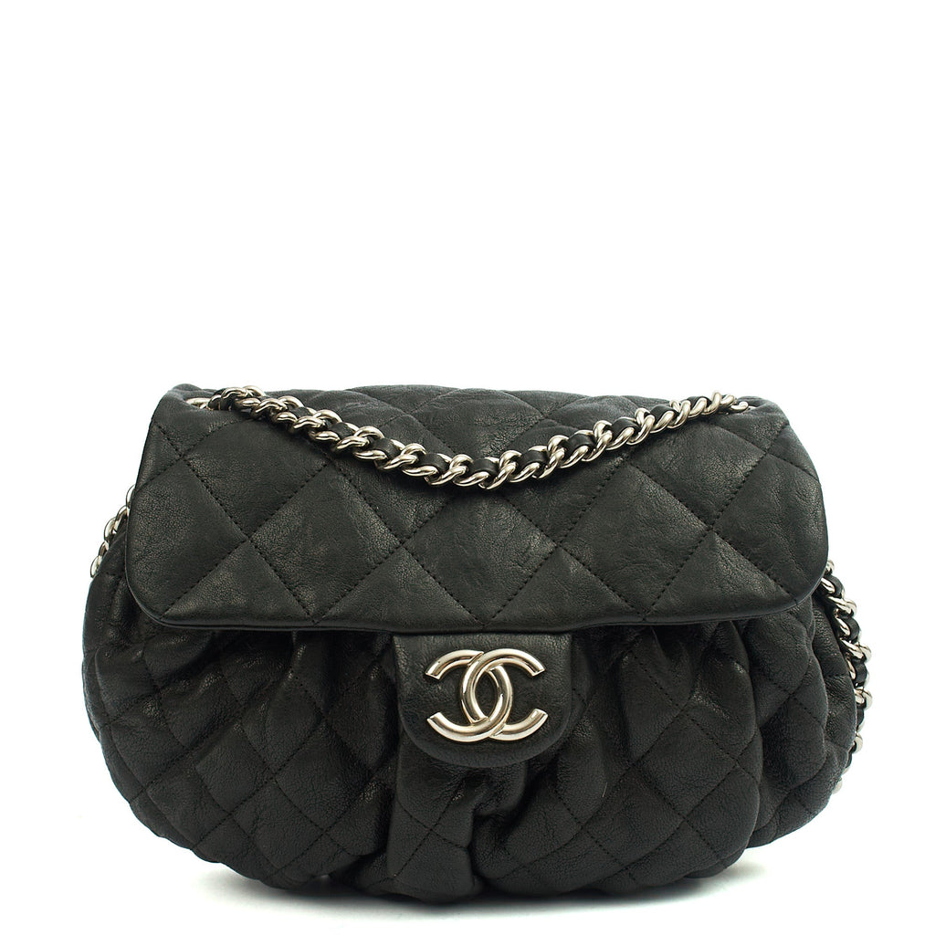 Chanel Shoulder Bag Chain Around Flap in Black, Calfskin Leather — Front View