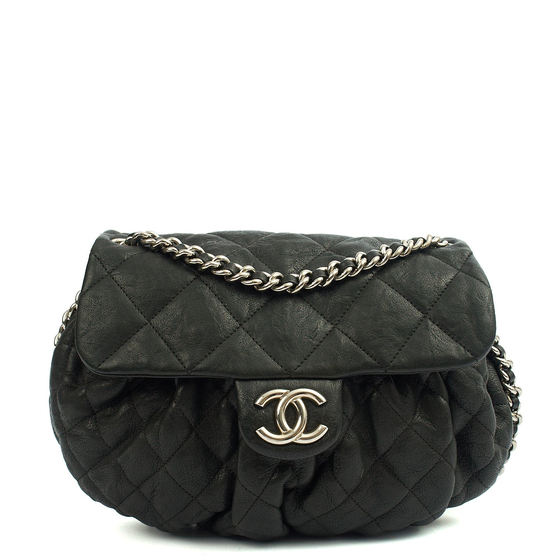 Chanel Shoulder Bag Chain Around Flap in Black, Calfskin Leather — Front View