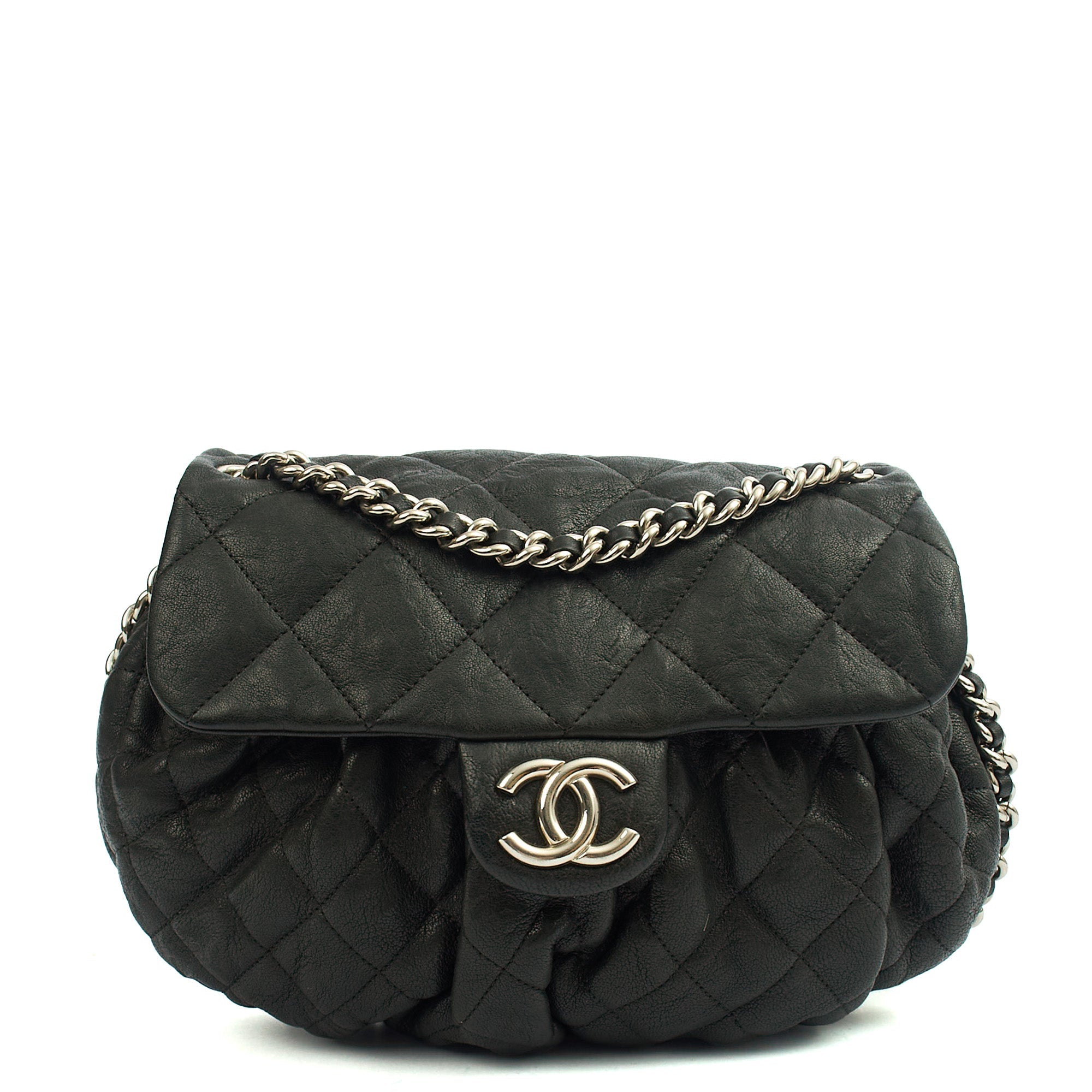 Chanel Shoulder Bag Chain Around Flap in Black, Calfskin Leather — Front View