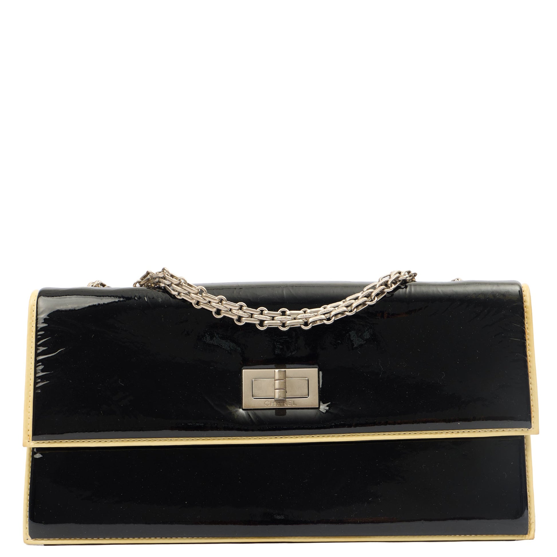 Chanel Shoulder Bag Flap Bag in Black, Patent Leather — Front View