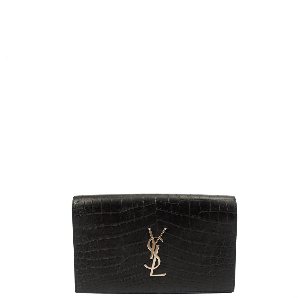 Saint Laurent Clutch Cassandra Clutch in Black, Exotic Effect Leather — Front View
