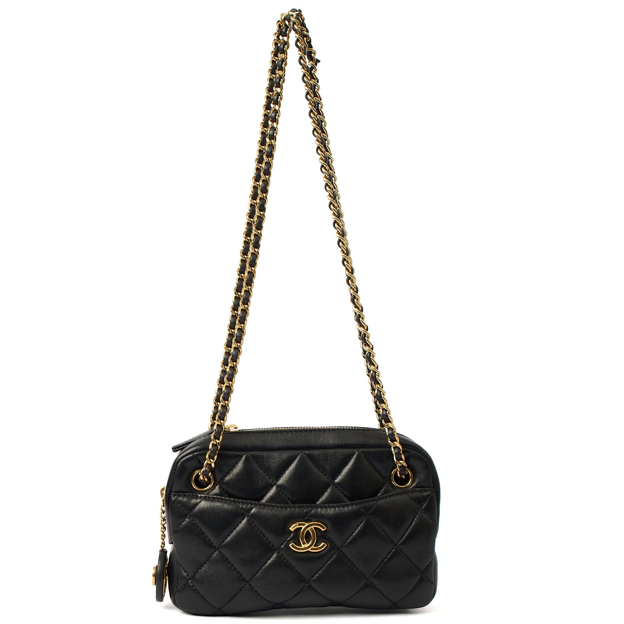 Chanel Cross Body Camera Bag in Black, Lambskin Leather — Front View