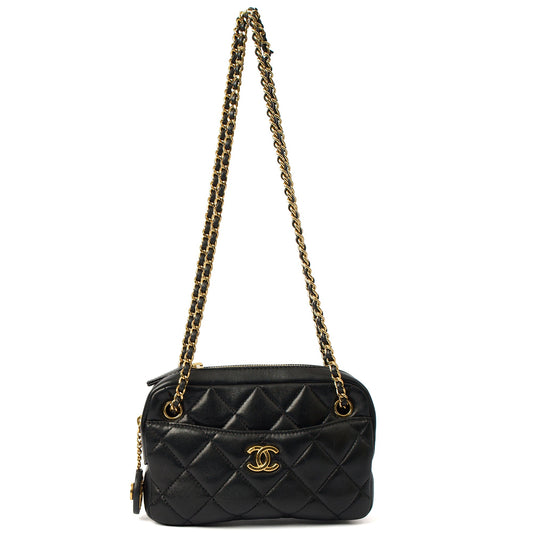 Chanel Cross Body Camera Bag in Black, Lambskin Leather — Front View