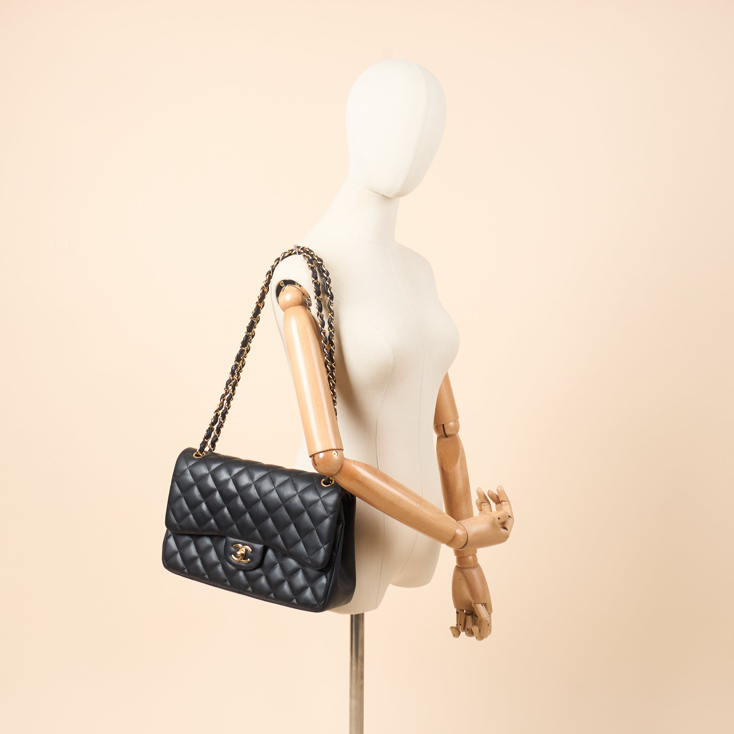 Chanel Shoulder Bag Classic Double Flap - Large in Black, Lambskin Leather — Side View
