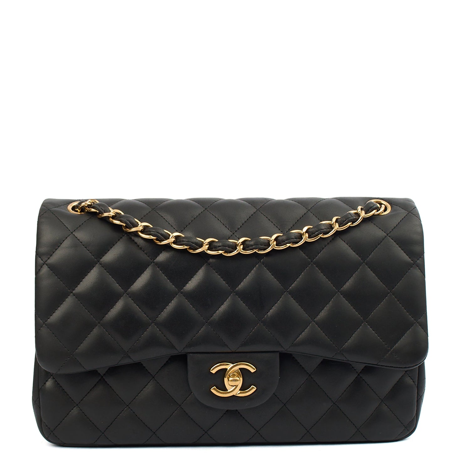 Chanel Shoulder Bag Classic Double Flap - Large in Black, Lambskin Leather — Front View