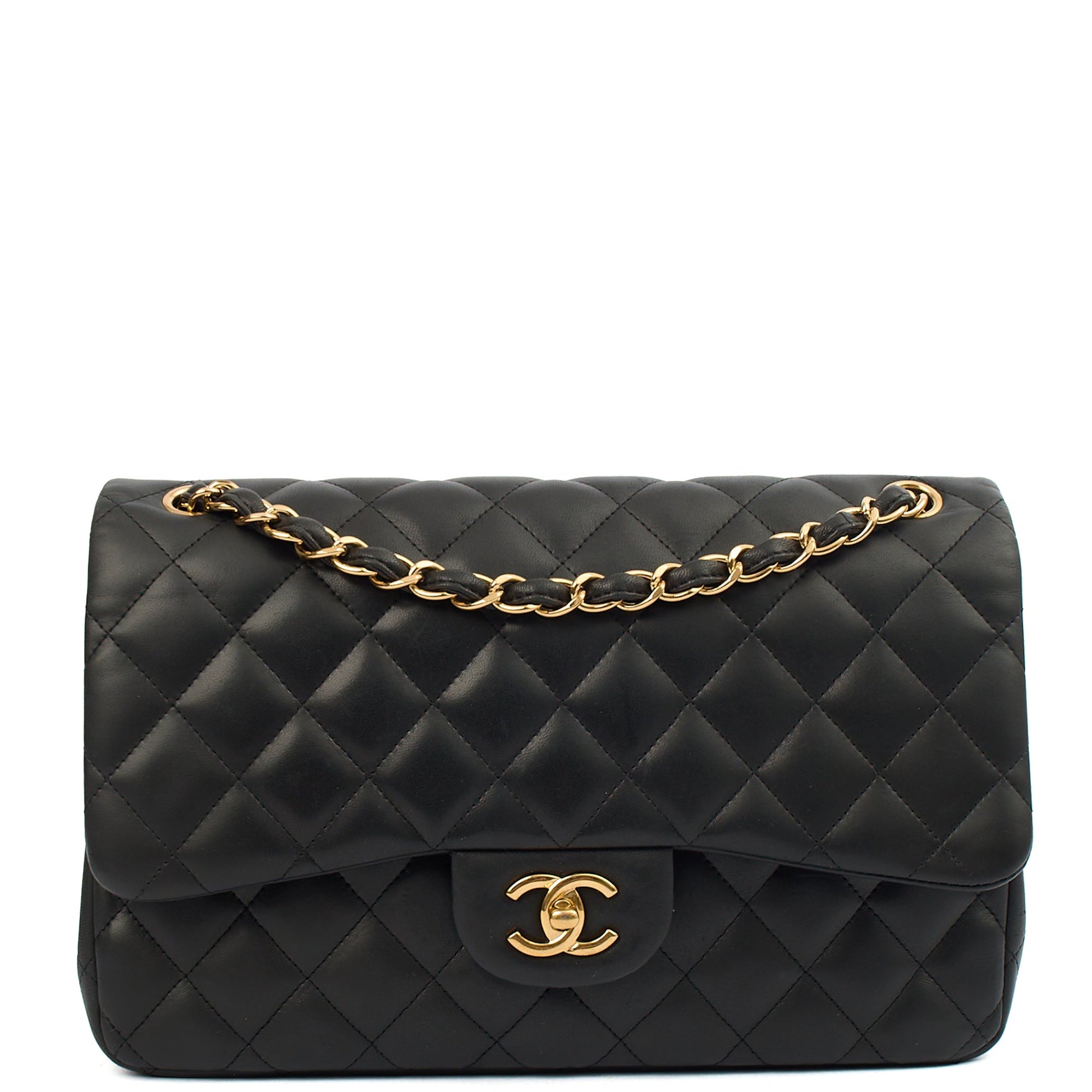 Chanel Shoulder Bag Classic Double Flap - Large in Black, Lambskin Leather — Front View