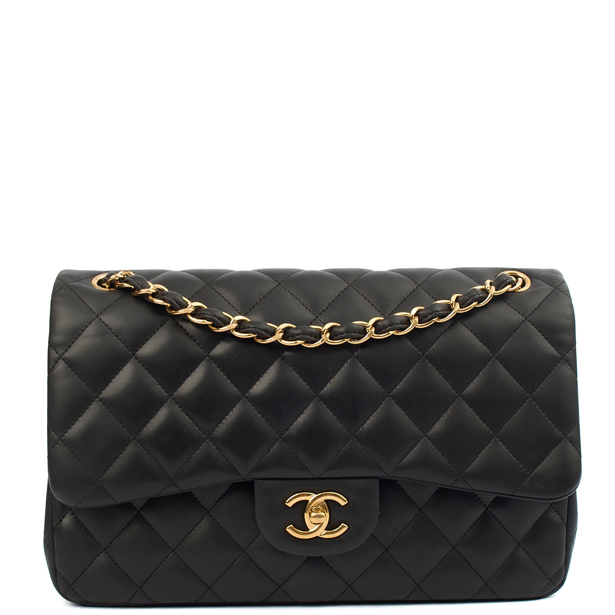 Chanel Shoulder Bag Classic Double Flap - Large in Black, Lambskin Leather — Front View
