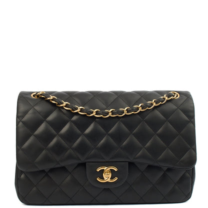Chanel Shoulder Bag Classic Double Flap - Large in Black, Lambskin Leather — Front View