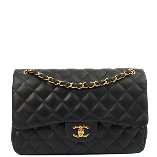 Chanel Shoulder Bag Classic Double Flap - Large in Black, Lambskin Leather — Front View