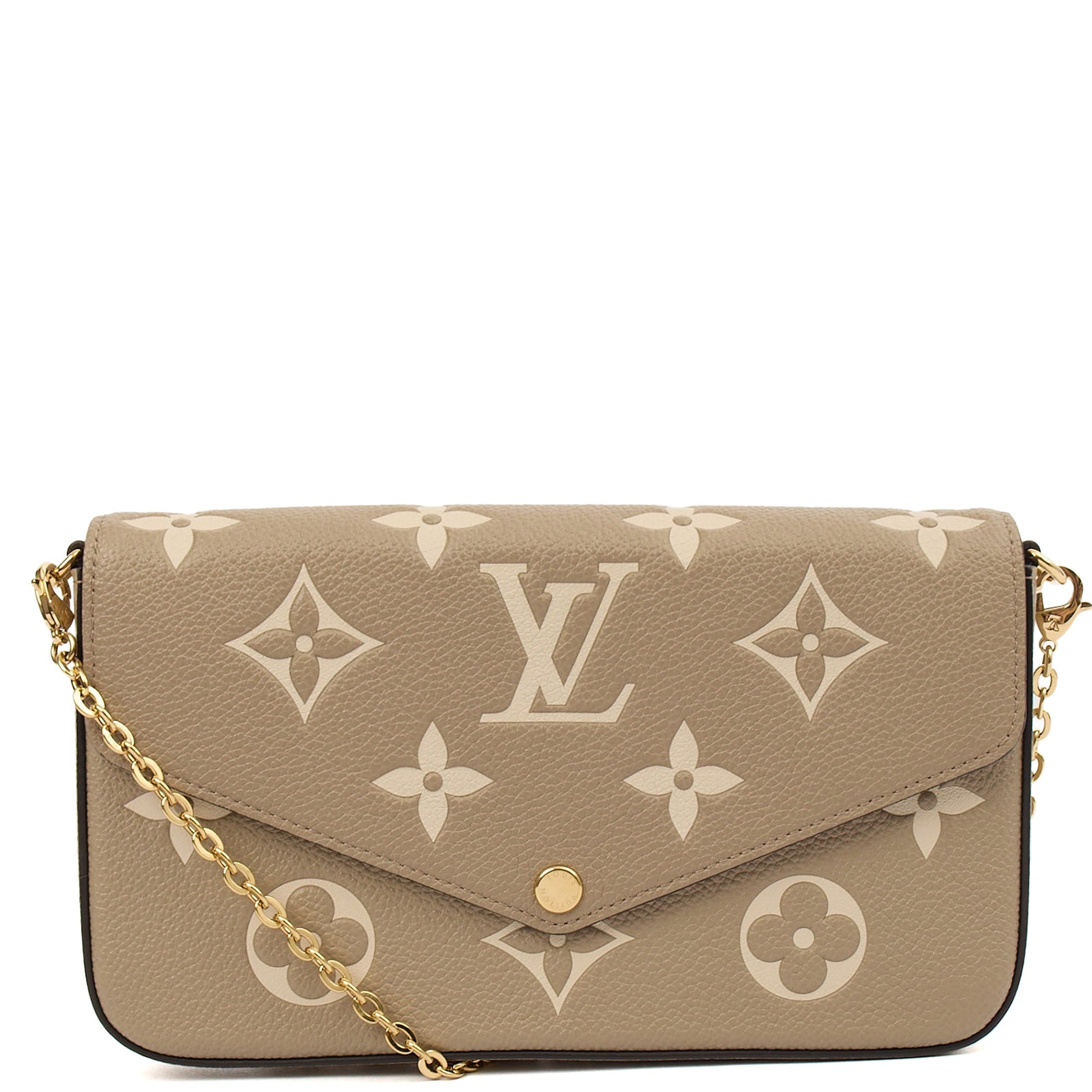 Louis Vuitton Cross Body Felicie Pochette in Grey, Empreinte Leather — Front View