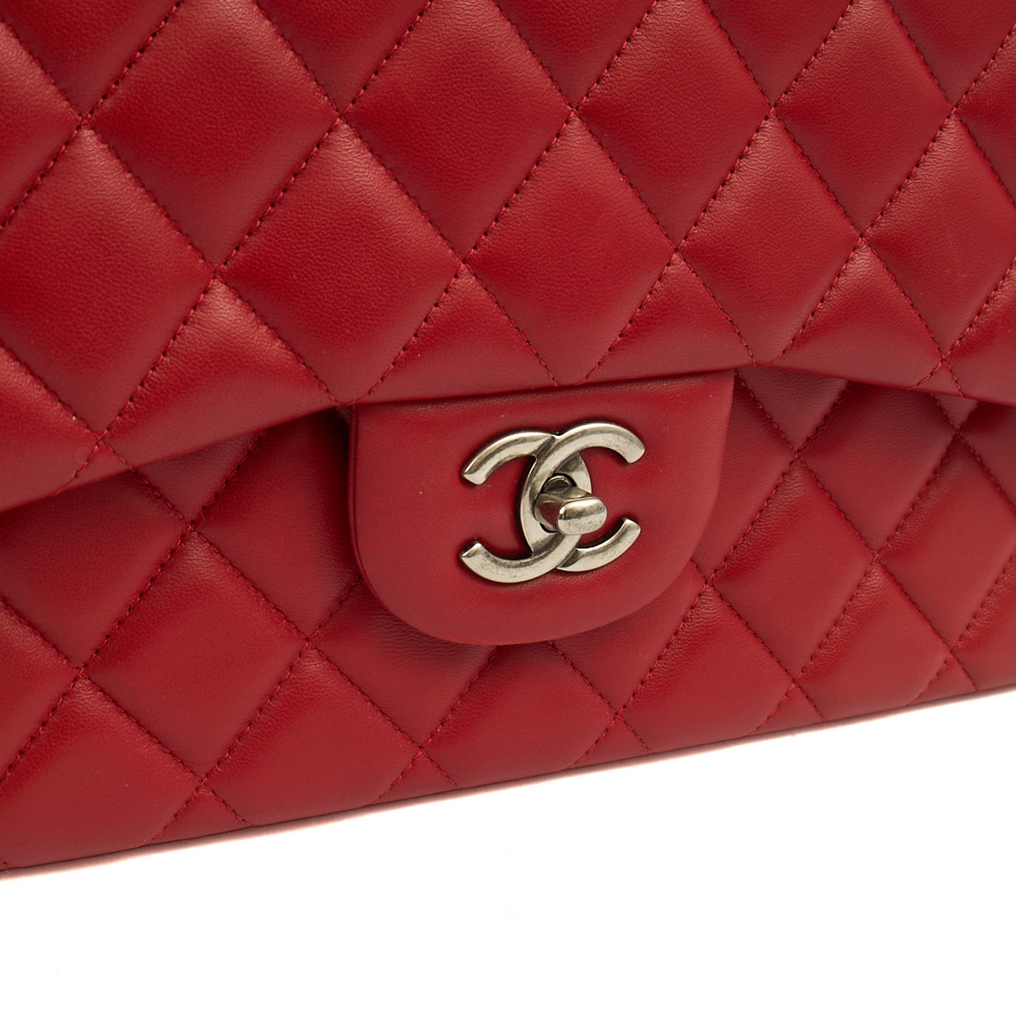 Chanel Shoulder Bag Classic Double Flap - Large in Red, Lambskin Leather — Lifestyle View