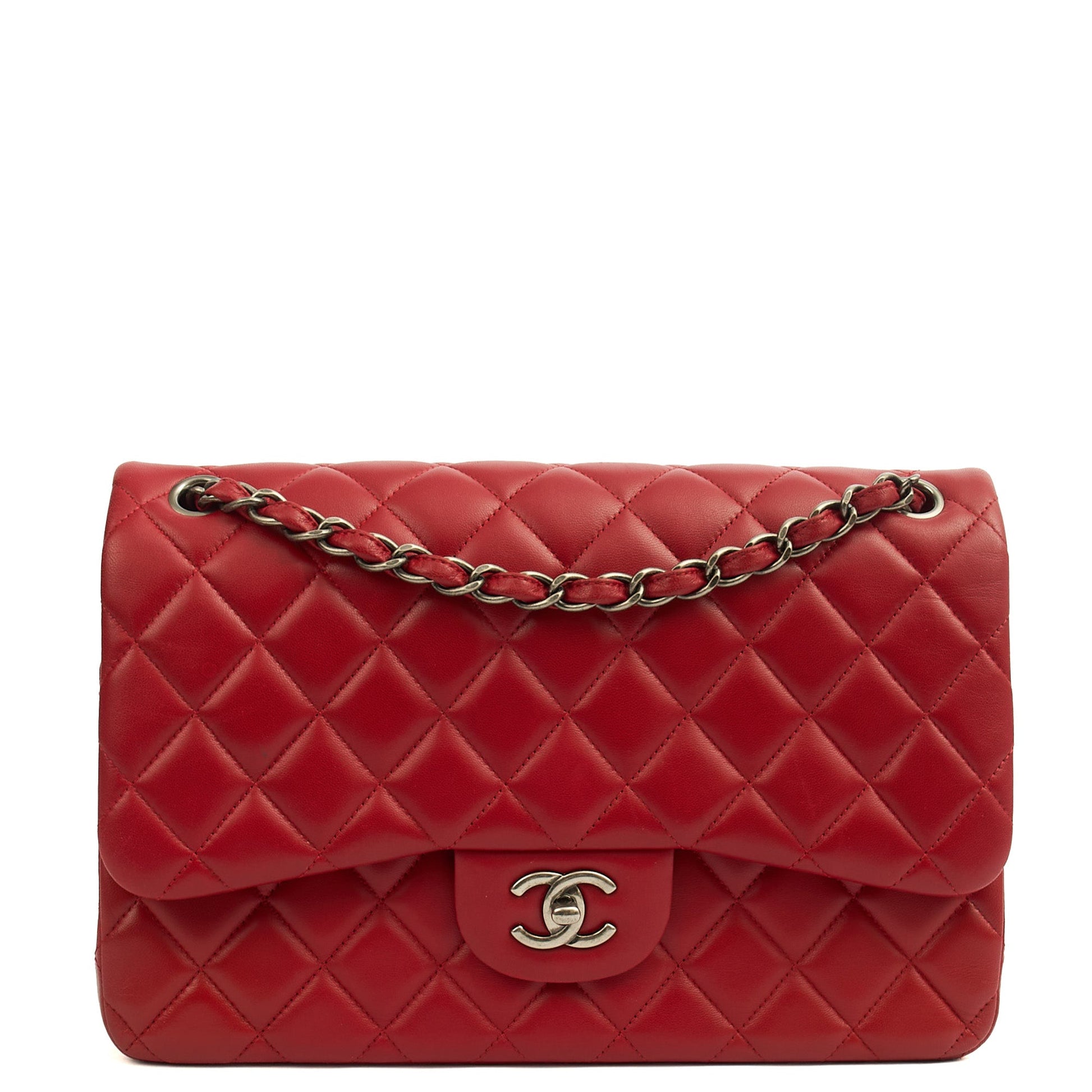 Chanel Shoulder Bag Classic Double Flap - Large in Red, Lambskin Leather — Front View