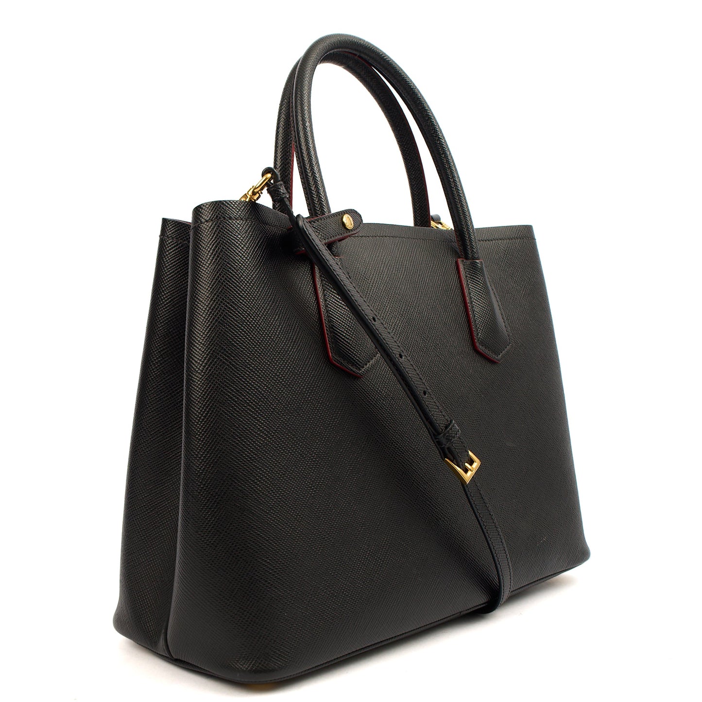Prada Tote Double Tote - Medium in Black, Saffiano Leather — Back View