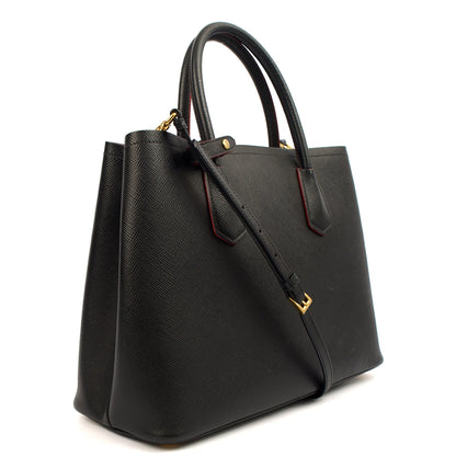 Prada Tote Double Tote - Medium in Black, Saffiano Leather — Back View