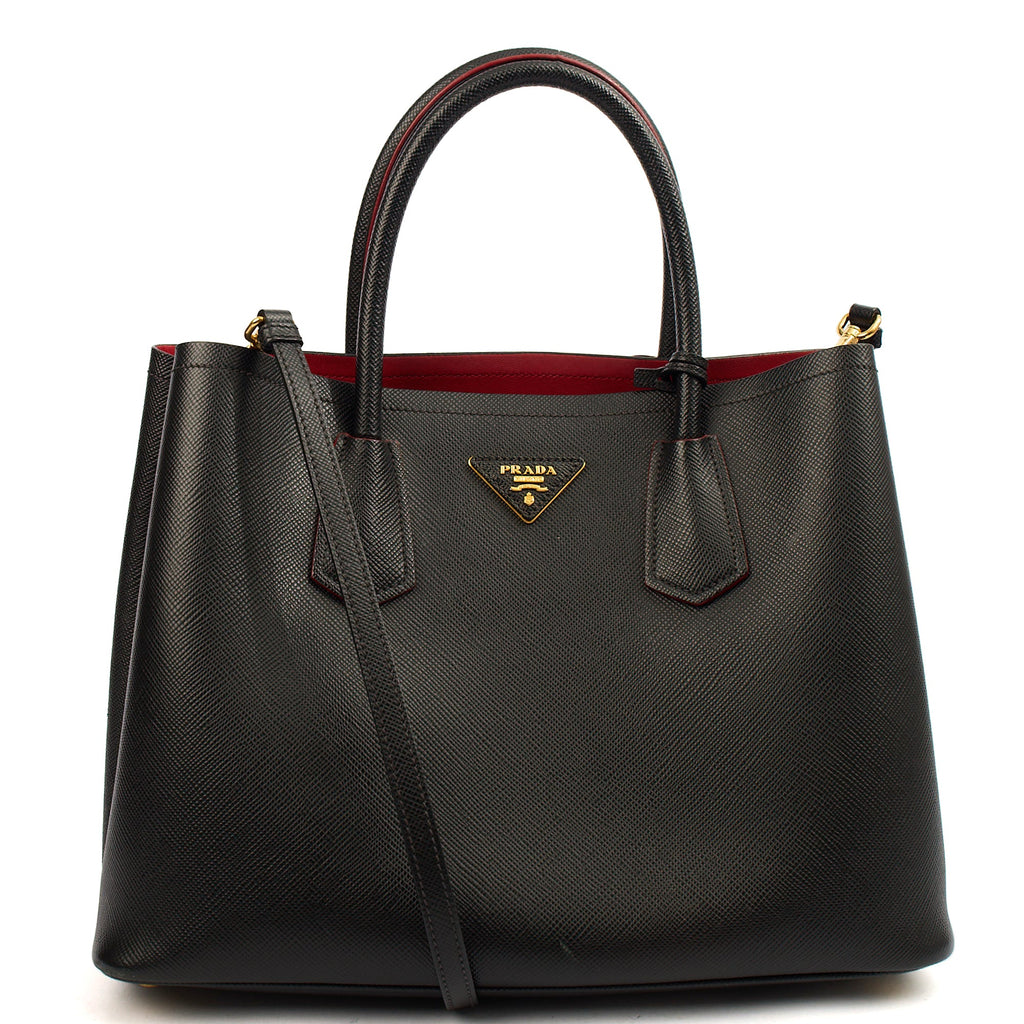 Prada Tote Double Tote - Medium in Black, Saffiano Leather — Front View