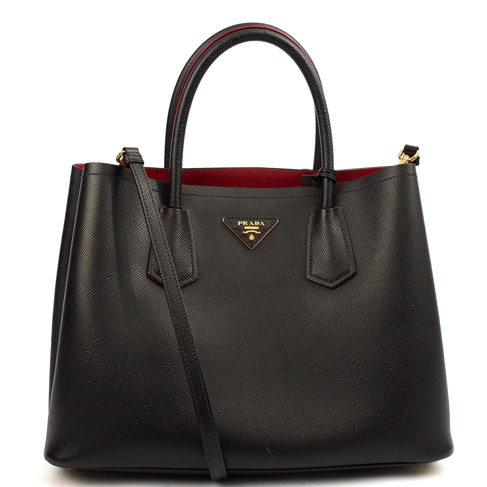 Prada Tote Double Tote - Medium in Black, Saffiano Leather — Front View