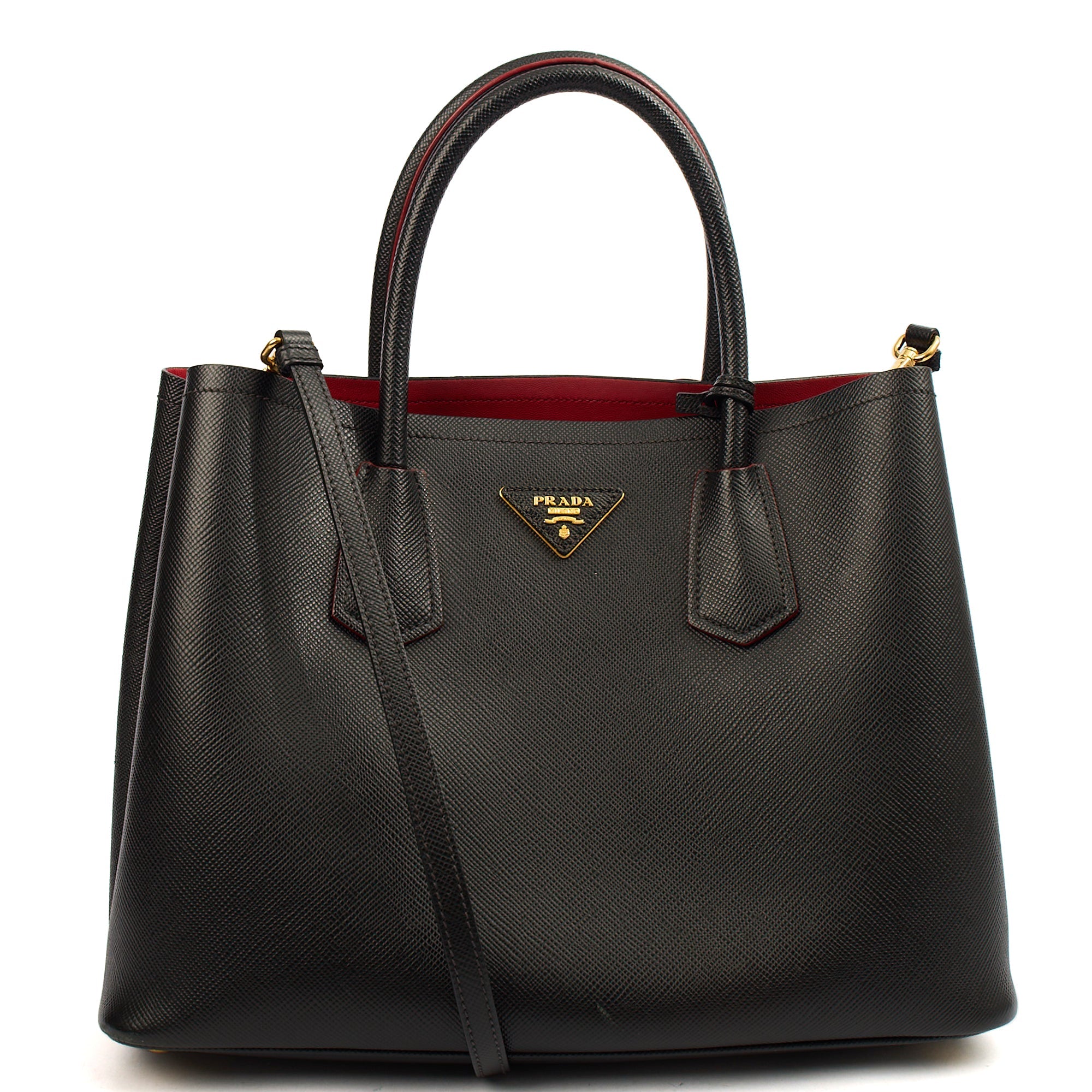 Prada Tote Double Tote - Medium in Black, Saffiano Leather — Front View
