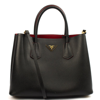 Prada Tote Double Tote - Medium in Black, Saffiano Leather — Front View