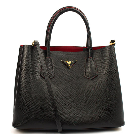 Prada Tote Double Tote - Medium in Black, Saffiano Leather — Front View