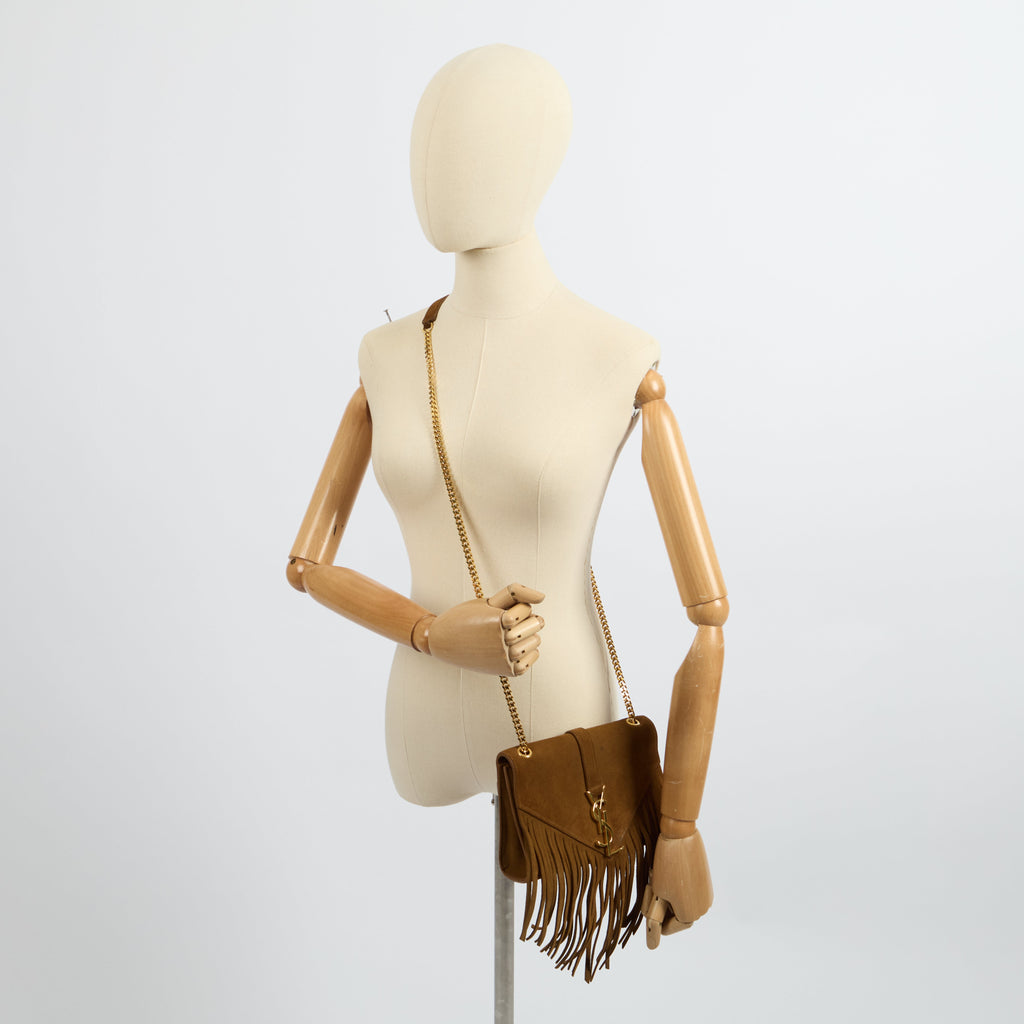Saint Laurent Shoulder Bag Fringe Bag in Brown, Suede — Side View