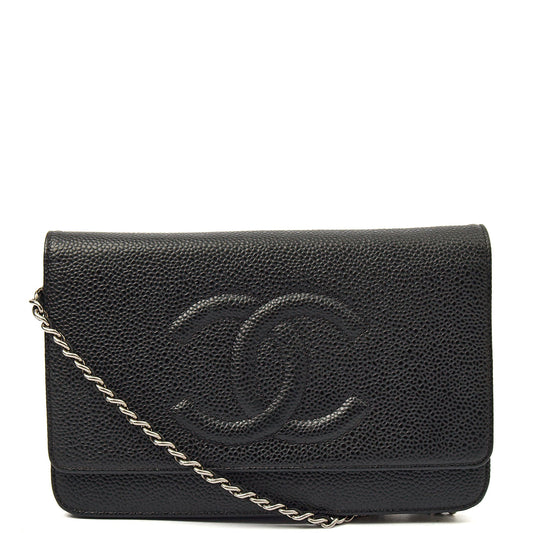 Chanel Cross Body Wallet on Chain in Black, Caviar Leather — Front View