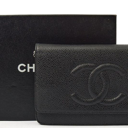 Chanel Cross Body Wallet on Chain in Black, Caviar Leather — Side View