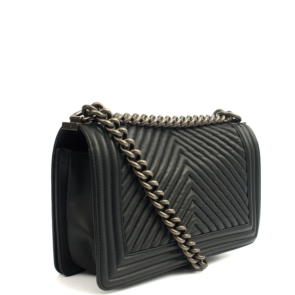 Chanel Cross Body Chevron Boy in Grey, Leather — Side View