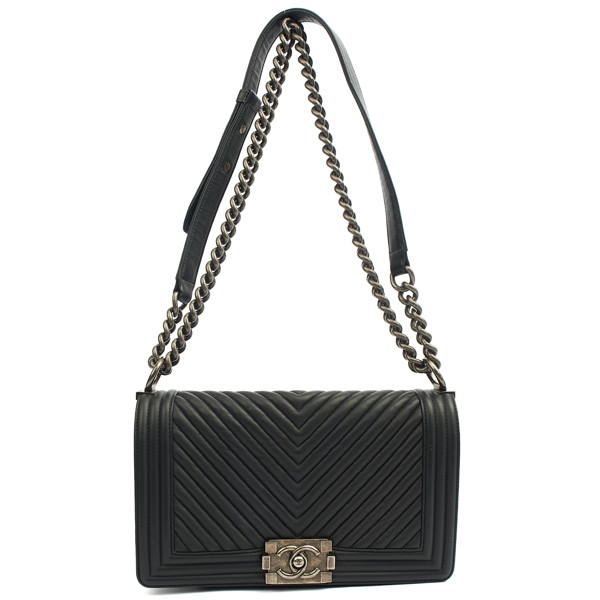 Chanel Cross Body Chevron Boy in Grey, Leather — Alternate View 8