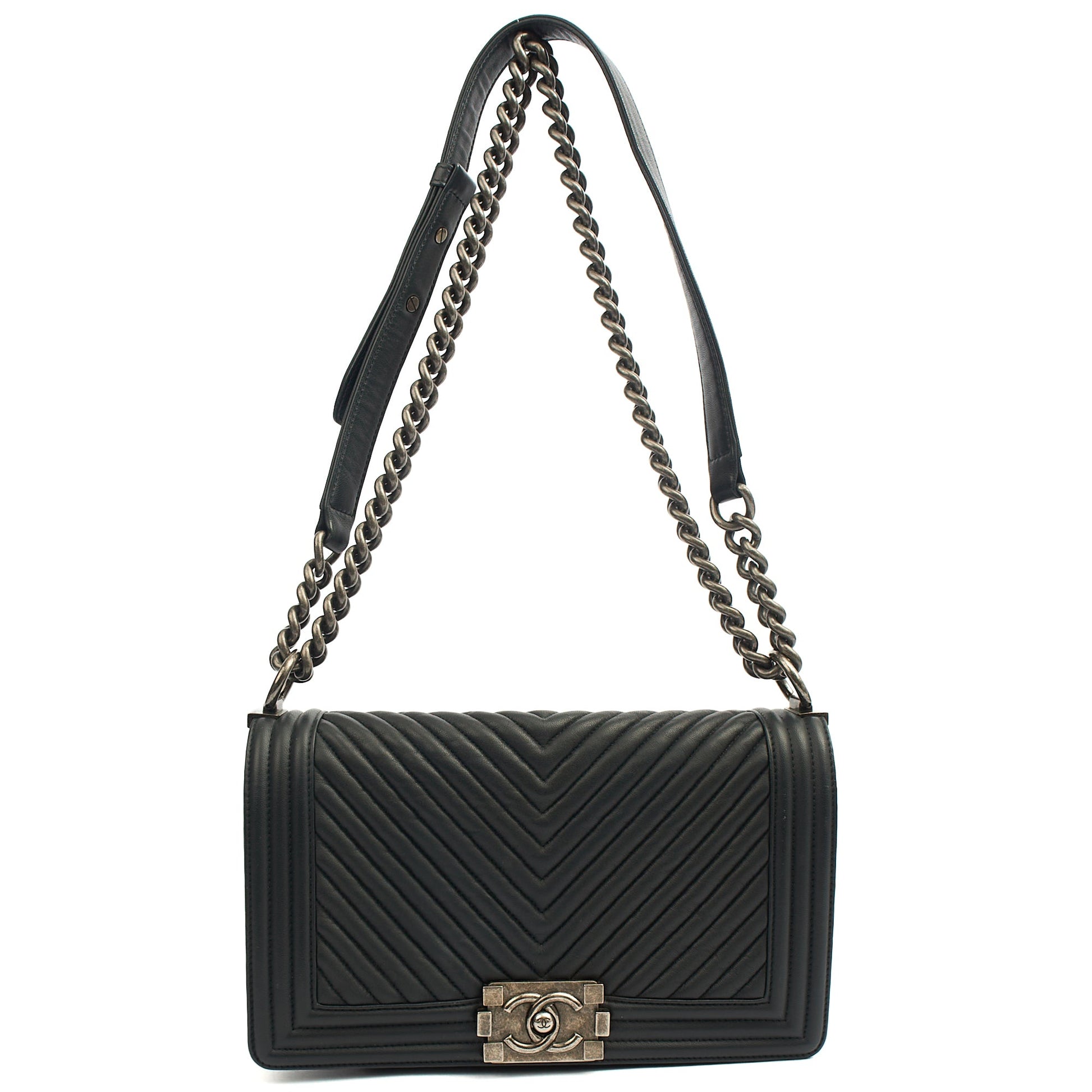 Chanel Cross Body Chevron Boy in Grey, Leather — Alternate View 17