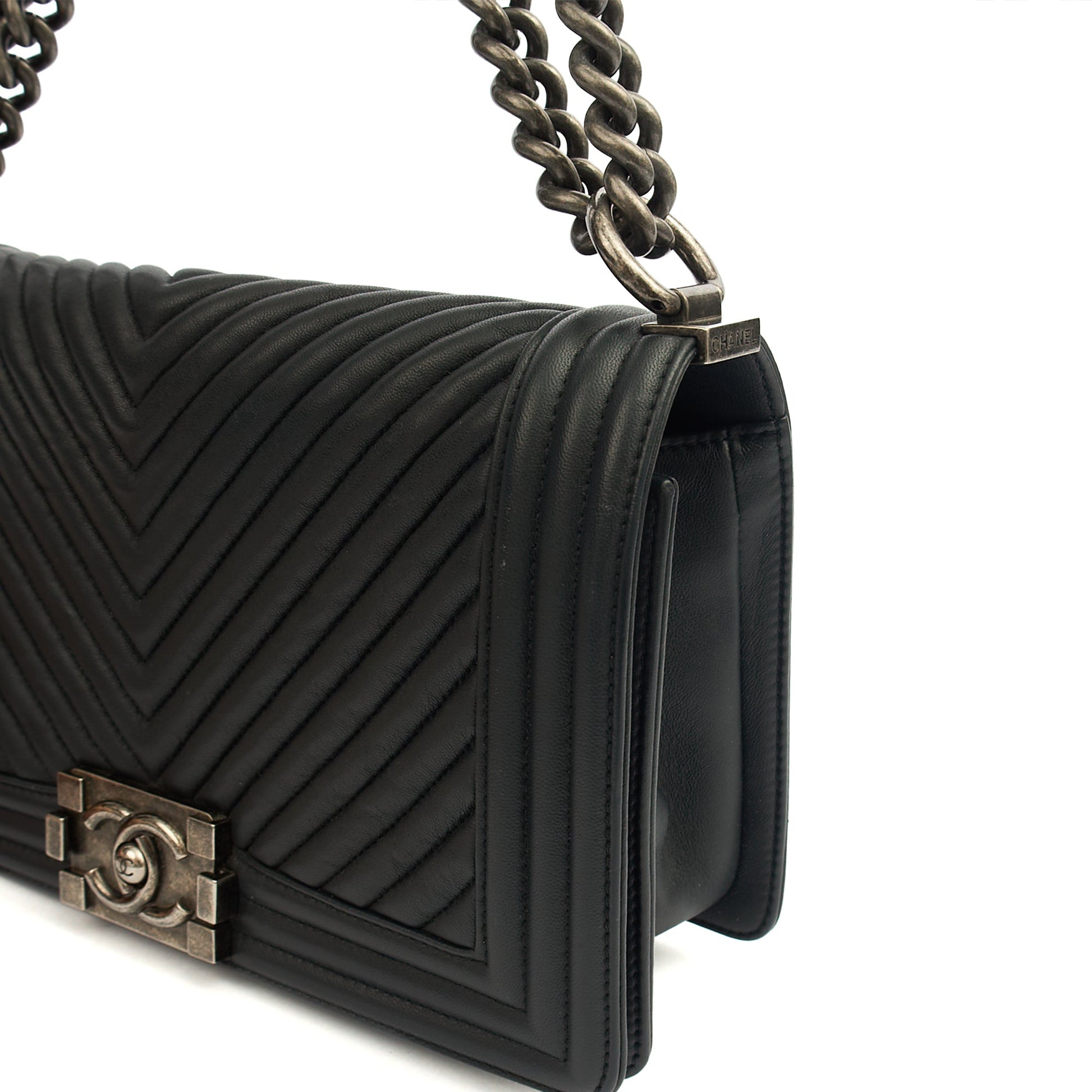 Chanel Cross Body Chevron Boy in Grey, Leather — Alternate View 13